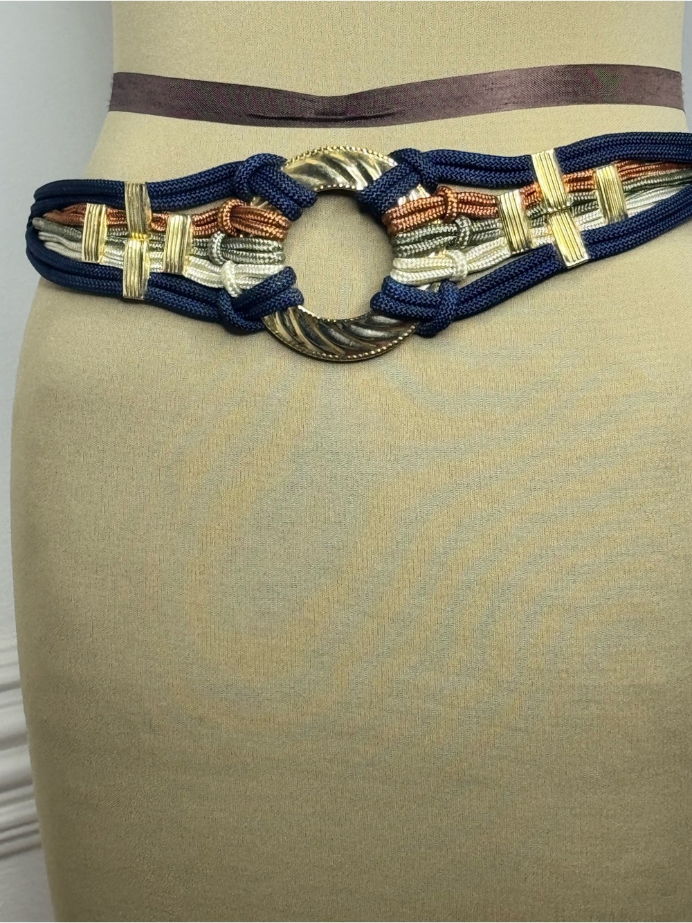 80’s Navy Multicolor Rope Link Belt with Gold-Tone Ring